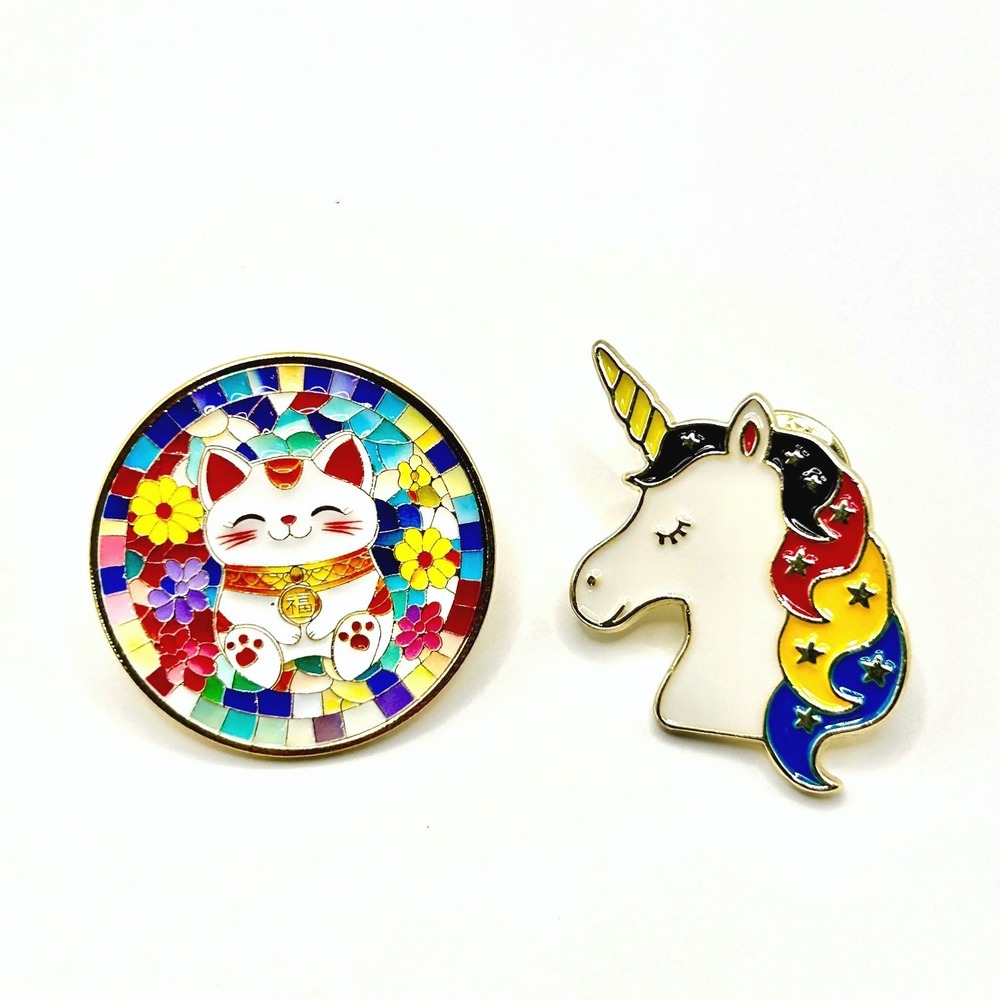Lucky Cat Unicorn Enamel Pin Set OS Multi Stained Glass Rainbow Kawaii Pins